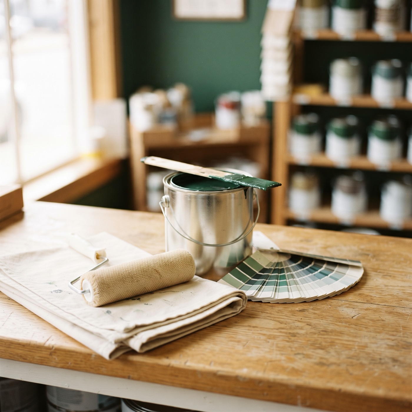 A paint trade counter: a stirred can of deep green paint, a roller, a fan deck of color chips on a wooden counter